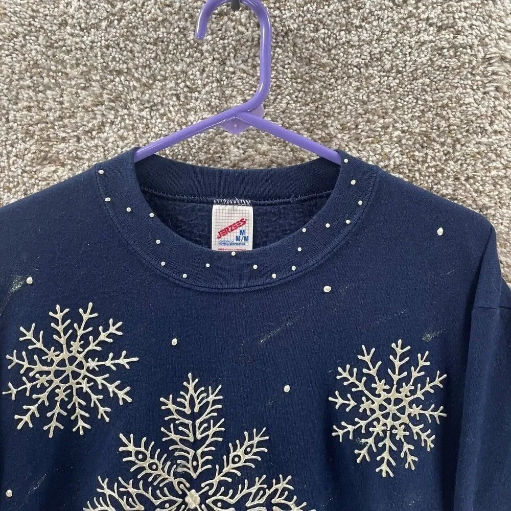 Vintage‎ Snowflake Sweatshirt Womens Medium Blue Pullover Jerzees Made In USA